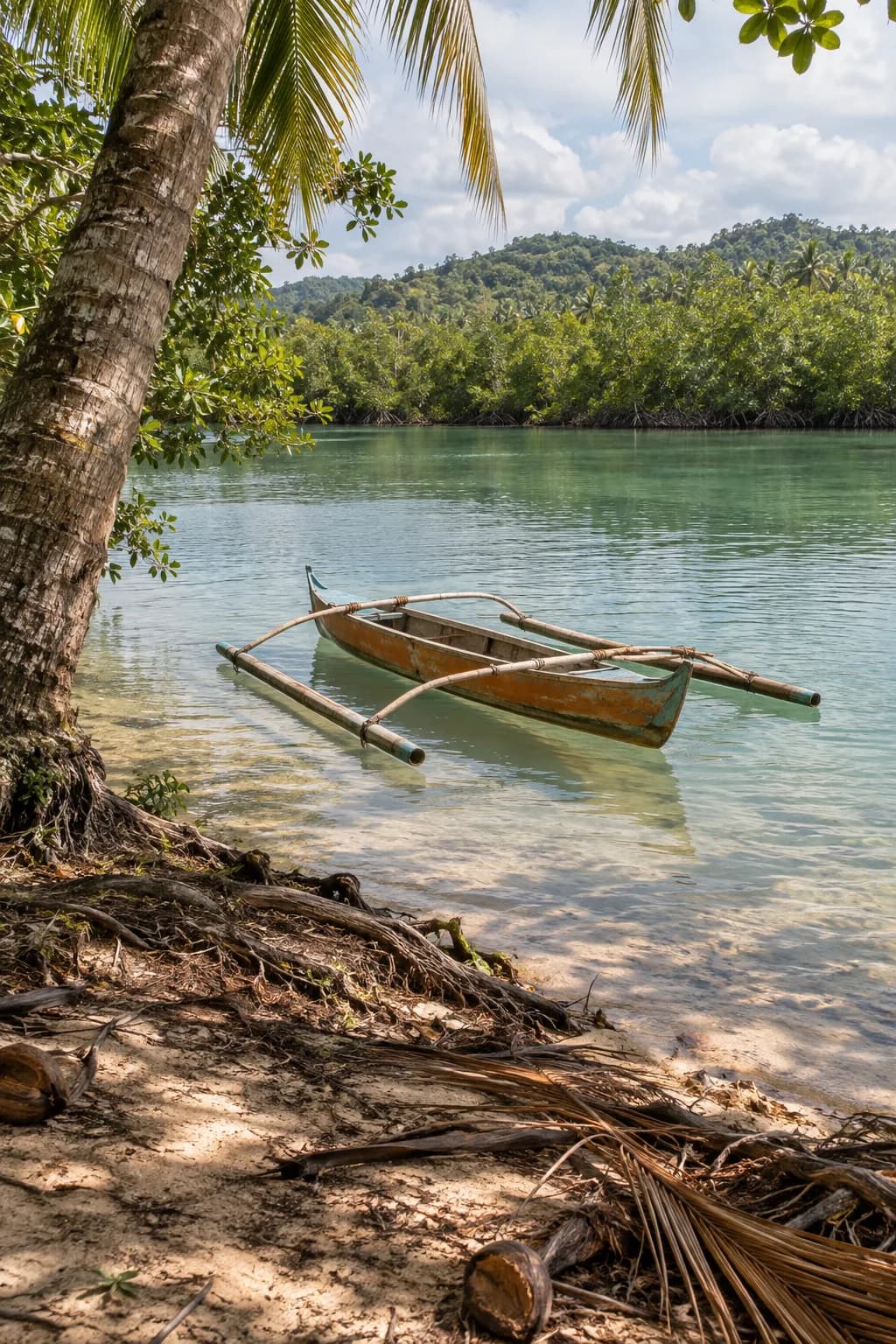 An outrigger canoe on the mangrove-lined inlet at Malinao, General Luna
