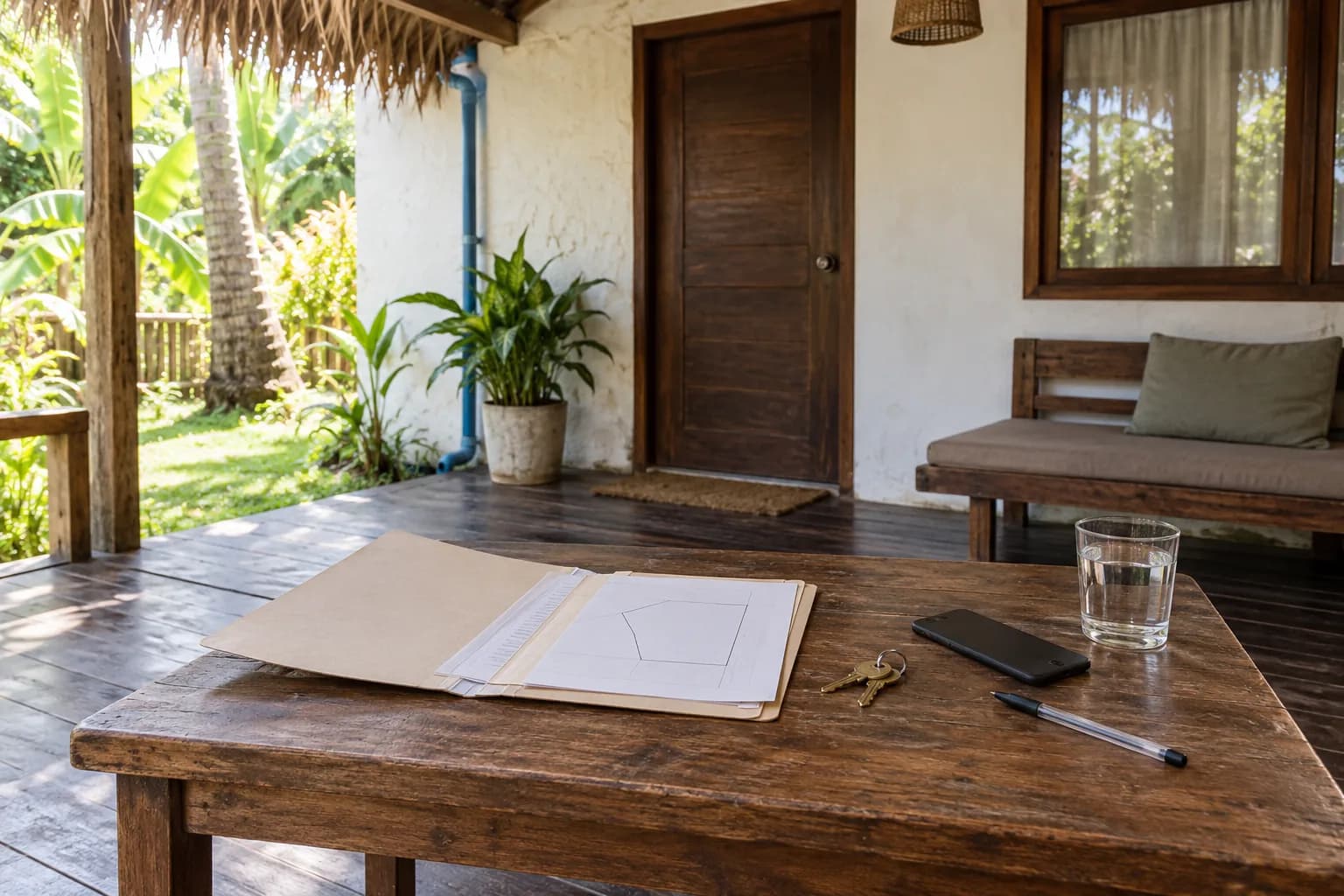 Papers, keys and a phone on a table on the veranda of a rental house near General Luna